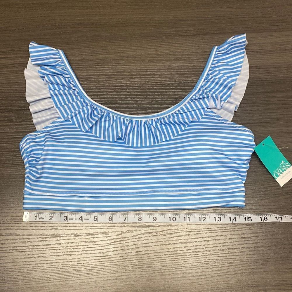 Light Blue Stripe Bathing Swim Suit Top with Ruffle Womens Swimwear Size Large